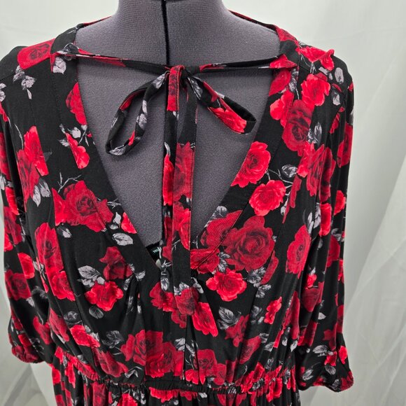 718-5 Torrid Midi Stretch Challis Tie Neck Dress Rose Black Floral Size 2 18/20 - Picture 3 of 16